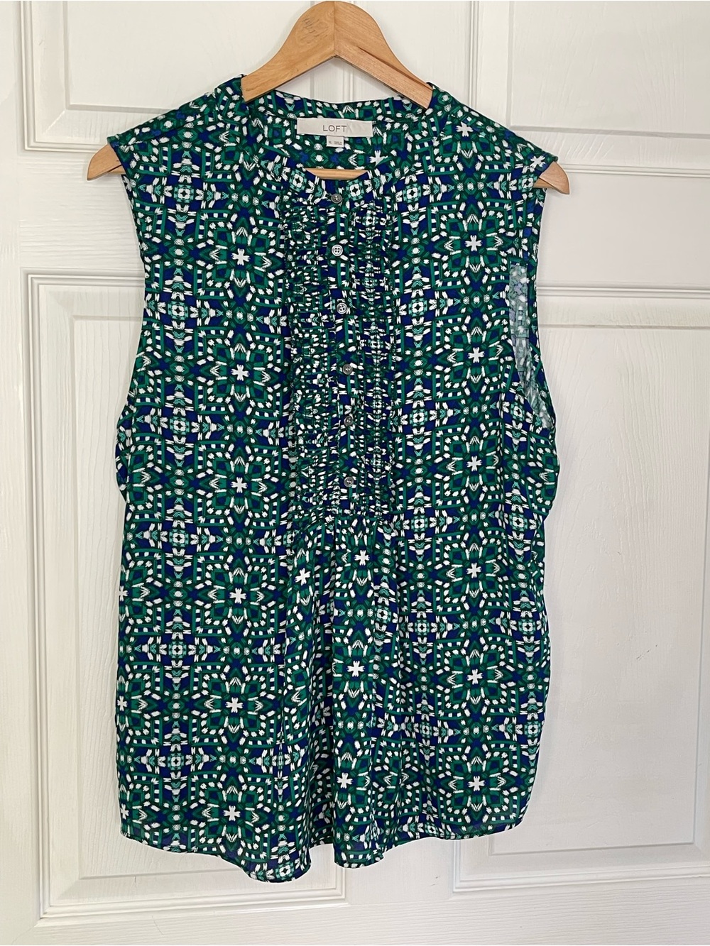 LOFT Green and Navy Geometric Ruffle Sleeveless Top